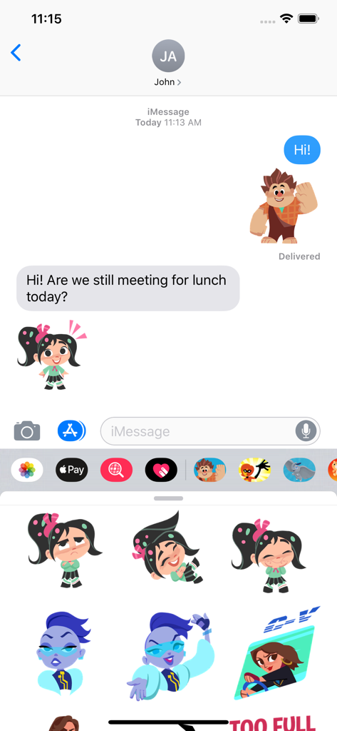 Ralph Breaks the Internet - Disney Ralph Breaks the Internet stickers being used in an iMessage conversation with Vanellope and Ralph characters