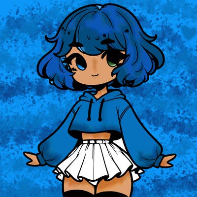 cute femboy with short, fluffy hair that softly frames their face, wearing a cropped hoodie, paired with a flouncy short skirt, and thigh-high stockings