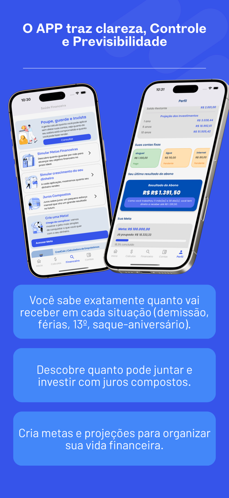 FGTS | App do Trabalhador 2025 - 재정 계획 도구와 투자 예측을 보여주는 FGTS 근로자 앱의 인터페이스 (두 개의 모바일 화면)