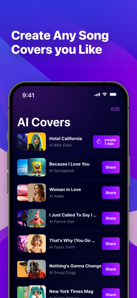 MusiCover-AI Song Cover&Clone - MusiCover app screen displaying a list of AI generated song covers featuring voices of various artists and characters