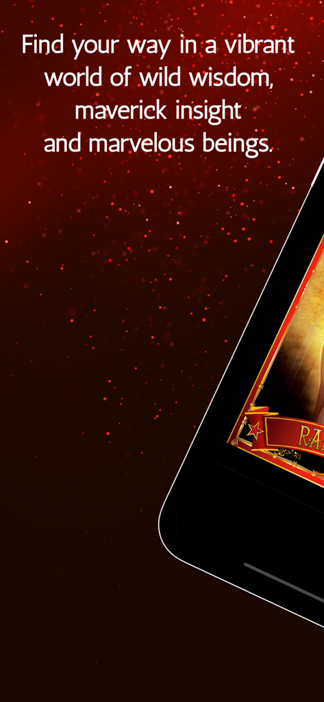 Divine Circus Oracle - A mobile phone screen showing spiritual guidance text about wild wisdom and maverick insight from the Divine Circus Oracle app.