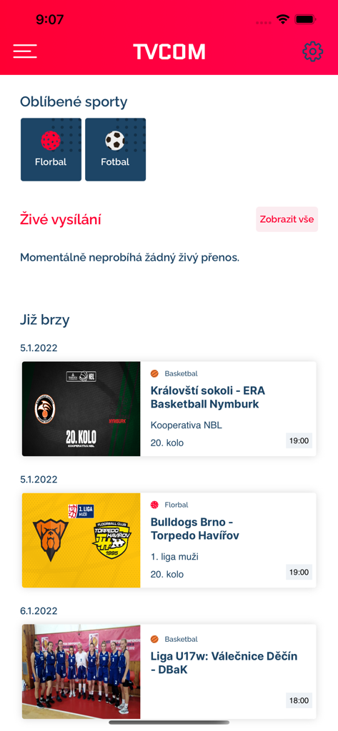 TVCOM mobile app screen showing upcoming Czech basketball and floorball matches