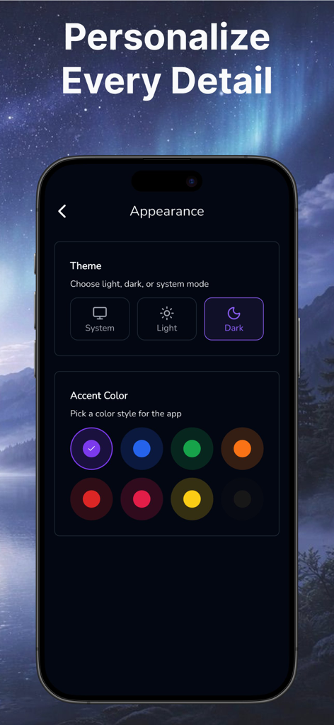 White Noise - Driftly - Customization screen for selecting themes and accent colors in the Driftly white noise app