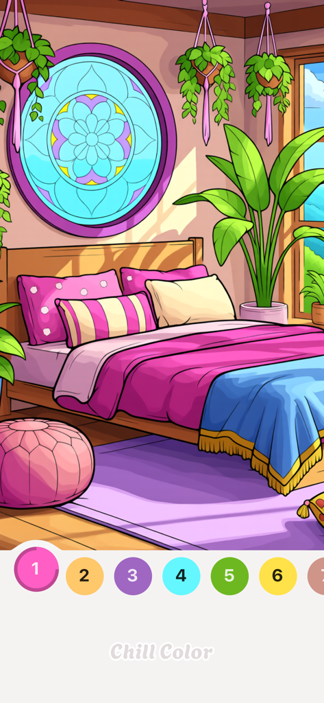 Chill Color - Paint by Number - Página de colorir digital de um quarto aconchegante com roupa de cama rosa e plantas.