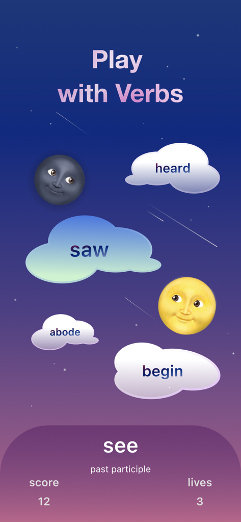 English Verbs: Learn Grammar - Pantalla de juego interactivo en la aplicación Verbos Ingleses para practicar las formas de los verbos irregulares.