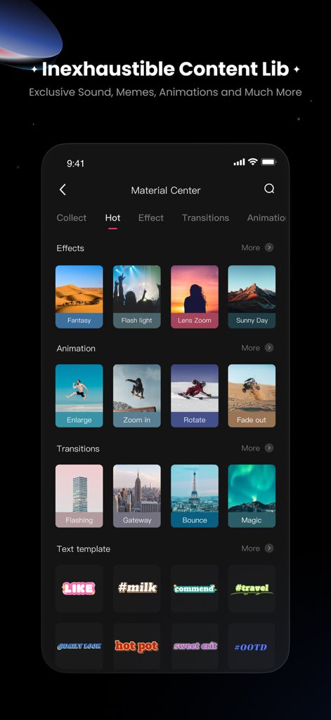 KwaiCutマテリアルセンターに、幅広いビデオエフェクト、アニメーション、トランジション、テキストテンプレートが表示されている様子