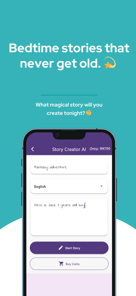 Storybook AI: Bedtime stories - Smartphone screen showing the Story Creator AI interface for generating personalized bedtime stories