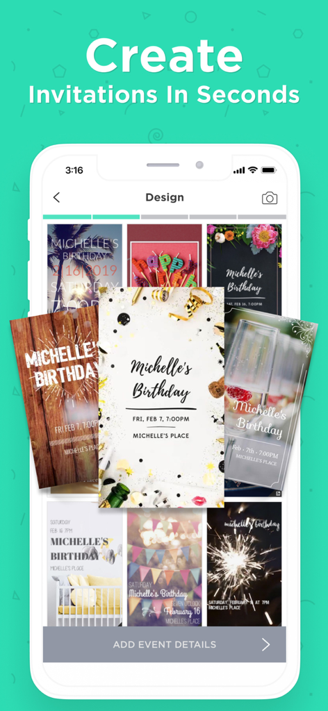 Interfaccia dell'app Hobnob Invitation Maker che mostra vari modelli di inviti digitali per eventi sociali