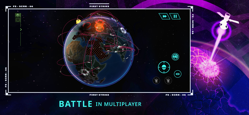 First Strike - Nuclear RTS - Global nuclear warfare strategy game interface with missile trajectories and orbital laser beam