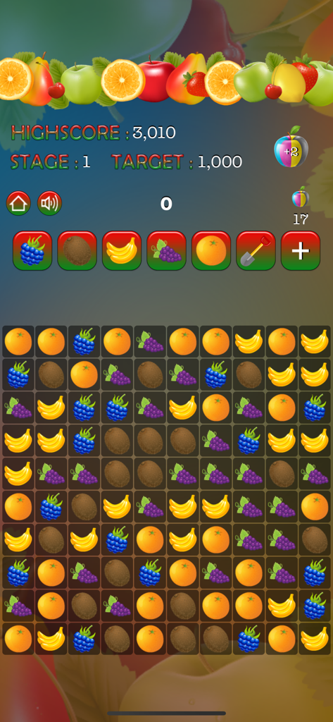 Tela de jogo do Pop Pop Fruit Puzzle com uma grade colorida de ícones de frutas, incluindo laranjas, bananas e uvas, com estatísticas de progresso do jogo.