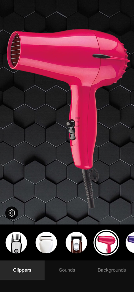 Screenshot of a prank app showing a pink hair dryer simulator on a dark hexagonal background with a menu of other hair clipper tools