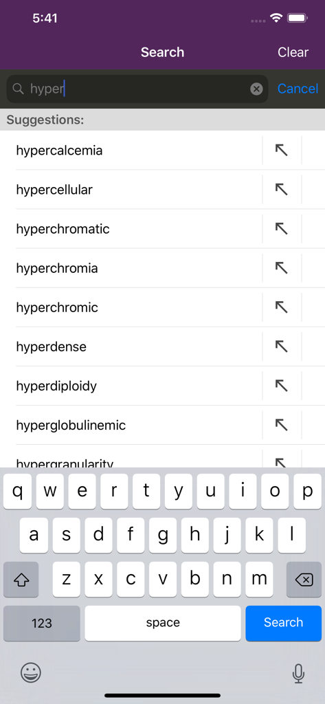 Search screen showing auto-complete suggestions for hematology medical terms