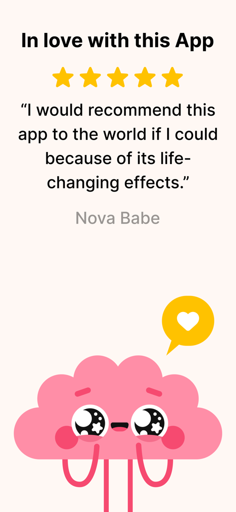 Un avis utilisateur cinq étoiles pour l'application Headway avec une illustration de personnage de cerveau rose