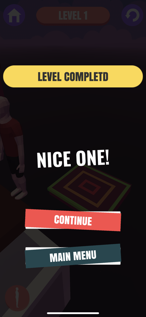 BACKFLIP - PARKOUR FLIP JUMP - ターゲットマークと続行ボタンが表示されたBackflip Parkourゲームのレベル完了画面