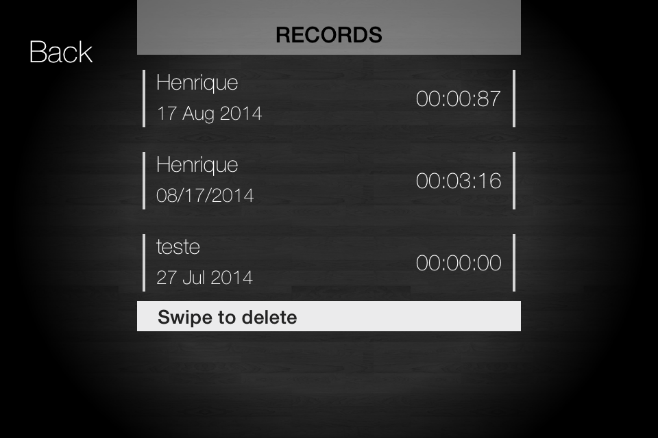 Speed Stacks Timer HD - 保存されたパフォーマンスタイムと日付のリストを示す記録画面