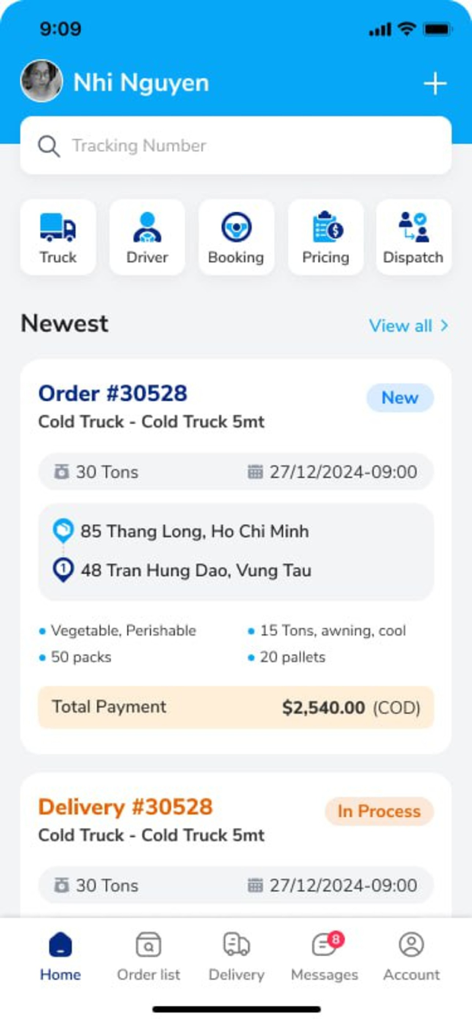 TNG Member - Benutzer-Dashboard der TNG Mitglied App, das eine Lieferbestellung für einen Kühlwagen mit Versanddetails und Sendungsverfolgung anzeigt