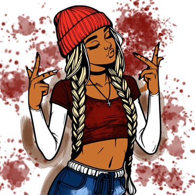 realistic teenage girl with braids and a beanie and crop top doing 🫶🏼