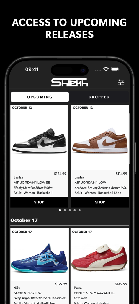 Interfaz de la aplicación Shiekh Shoes mostrando próximos lanzamientos de zapatillas con fechas y botones de compra