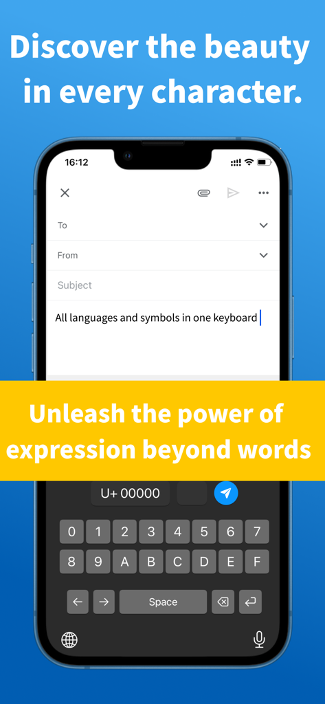 Interface of the Unicode Keyboard app on an iPhone showing a custom hex character input for symbols and diverse languages