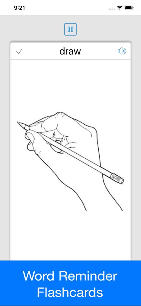 Spanish Dictionary - Dict Box - A flashcard from the Spanish Dictionary app showing the word draw with an illustration of a hand using a pencil