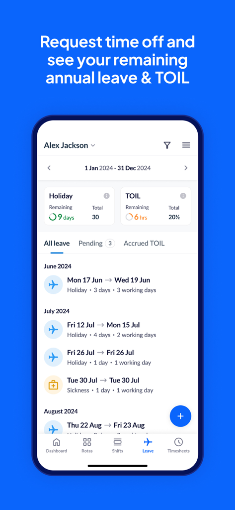 Interface of the RotaCloud app showing annual leave balance and a list of upcoming time off requests for an employee.