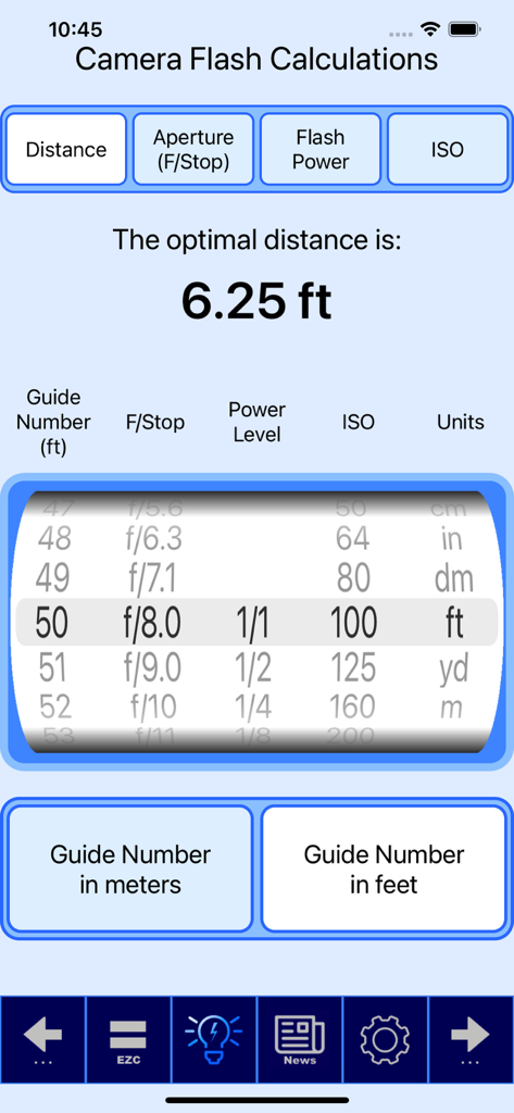Camera flash calculation tool within the SetMyCamera app showing optimal distance settings based on guide number, aperture, and ISO.