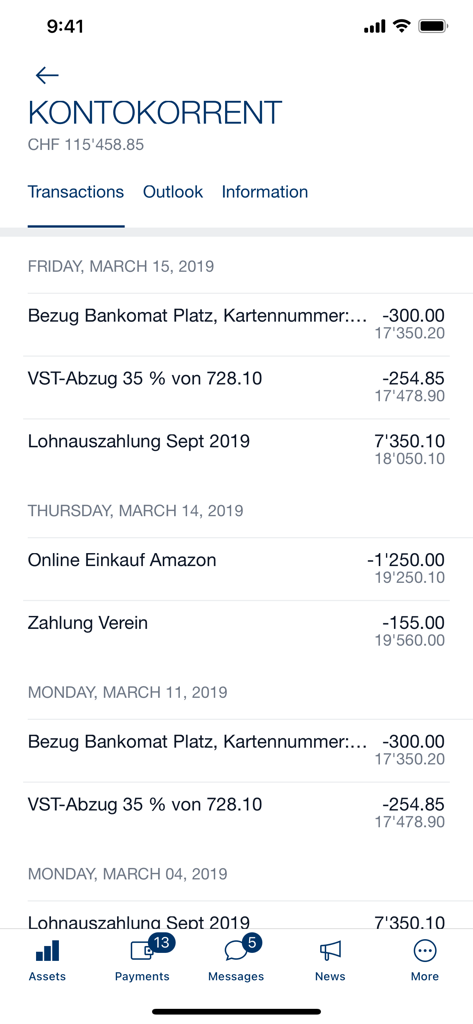 SB Saanen Bank - Mobile app interface of SB Saanen Bank showing a current account transaction history in Swiss Francs