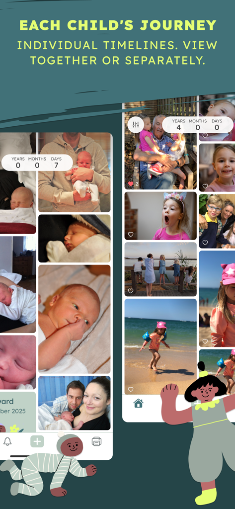 BackThen Family & Baby Photos - Screenshots of the BackThen app interface showing organized chronological photo journals for a newborn and a toddler