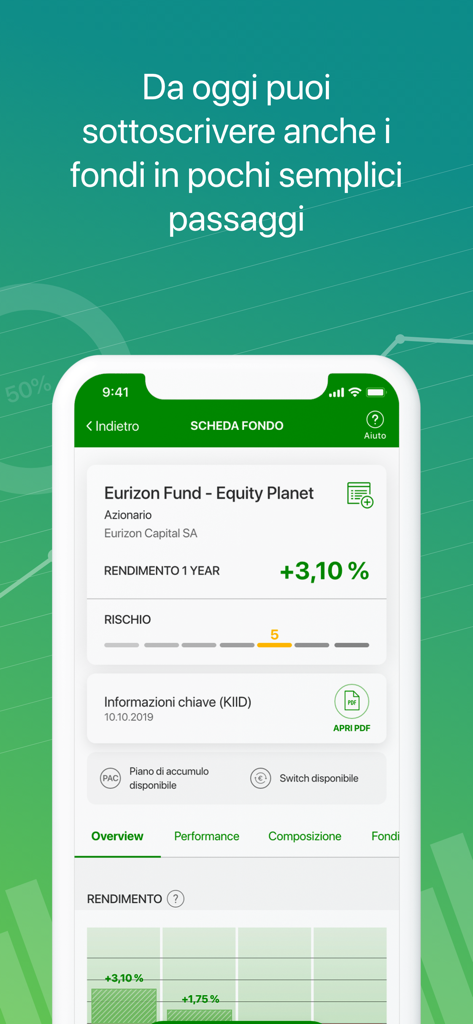 Intesa Sanpaolo Investo - Uno screenshot dell'app mobile Intesa Sanpaolo Investo che mostra dati sulla performance e livelli di rischio per un fondo azionario.