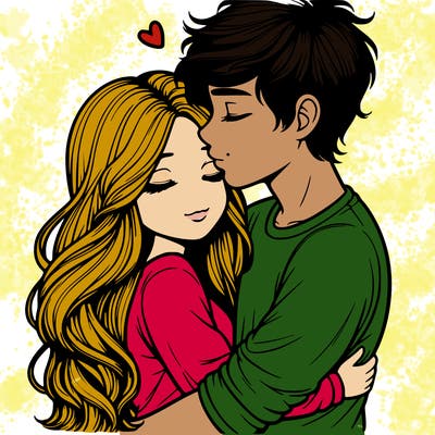 a realistic couple boy and girl hugging and kissing