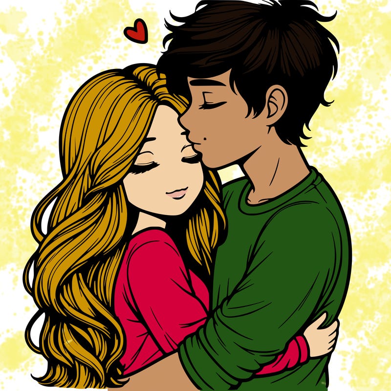 a realistic couple boy and girl hugging and kissing