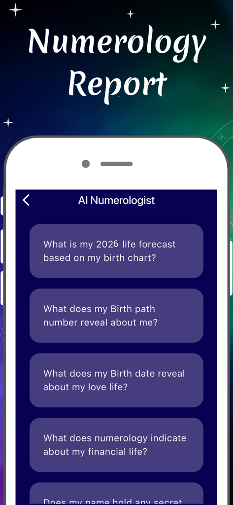 Numerology Future Astrology - 数秘術 未来占いアプリのAI数秘術家機能のインターフェース、人生の予測と誕生パスの質問が表示されています