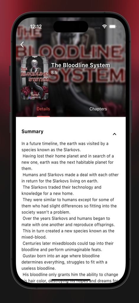 A mobile screen from the LiteNovel app displaying the plot summary and details for the light novel titled The Bloodline System