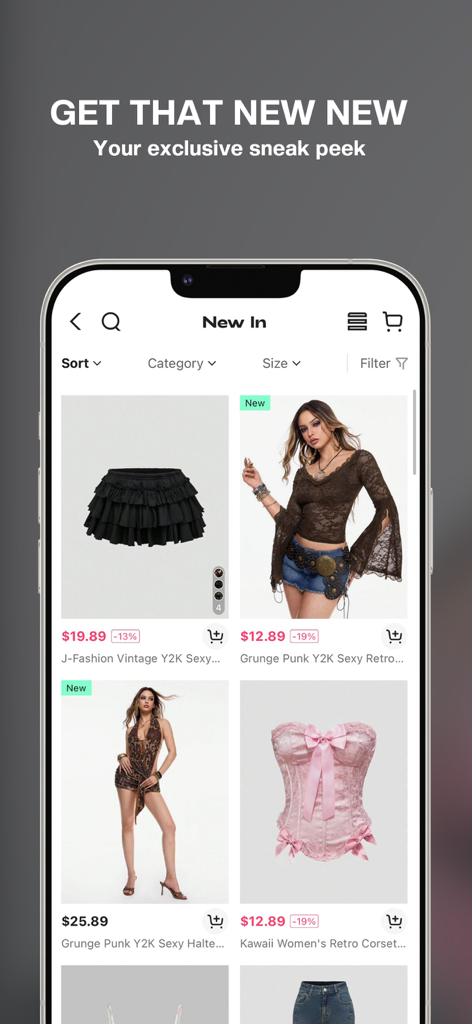ROMWE - Ultimate Cyber Mall - ROMWE-App-Interface mit neuen Eingängen von Y2K- und Grunge-Ästhetik-Kleidung.