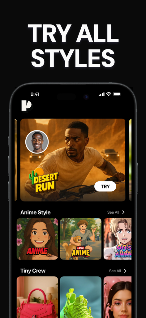 Plum AI app interface displaying video generation styles like Anime and Tiny Crew