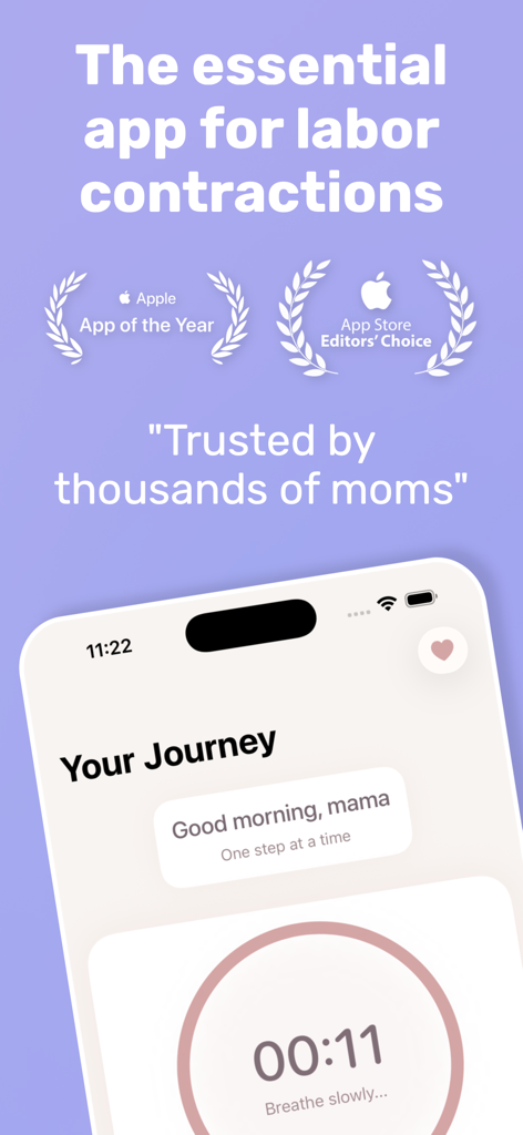 Contraction Timer: Pregnancy - Contraction Timer Pregnancy app interface with labor tracking and Apple awards
