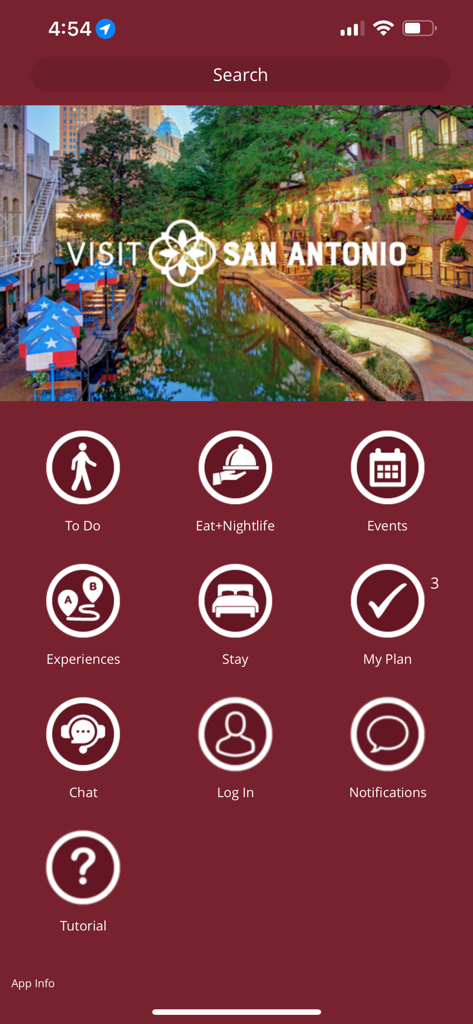 Visit San Antonio TX - Visit San Antonio 旅行アプリのホーム画面。アクティビティ、ダイニング、イベント、旅行計画ツールのカテゴリが表示されています。