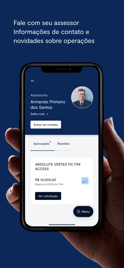 BTG Pactual Investimentos - Mobile interface of the BTG Pactual Investimentos app displaying a financial advisor profile and investment fund information