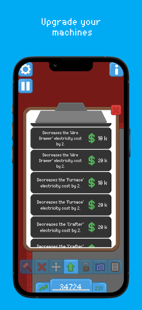 Assembly Line! - The upgrade menu in the Assembly Line mobile game showing electricity cost reductions for machines