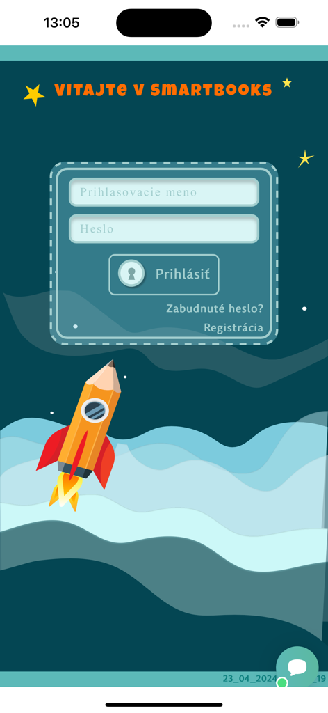 Anmeldeseite der Smartbooks-Lern-App im Weltraum-Design mit einer Stift-Rakete.