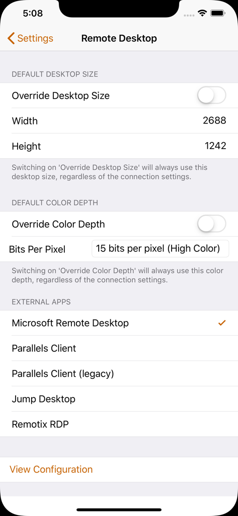 Pantalla de configuración de Royal TSi para configurar dimensiones de escritorio remoto, profundidad de color y seleccionar aplicaciones RDP externas.
