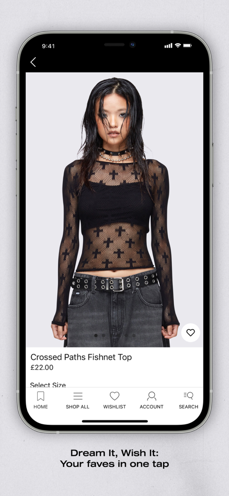 Minga London US - Aplicativo Minga London US mostrando um top de rede de caminhos cruzados com um botão de lista de desejos