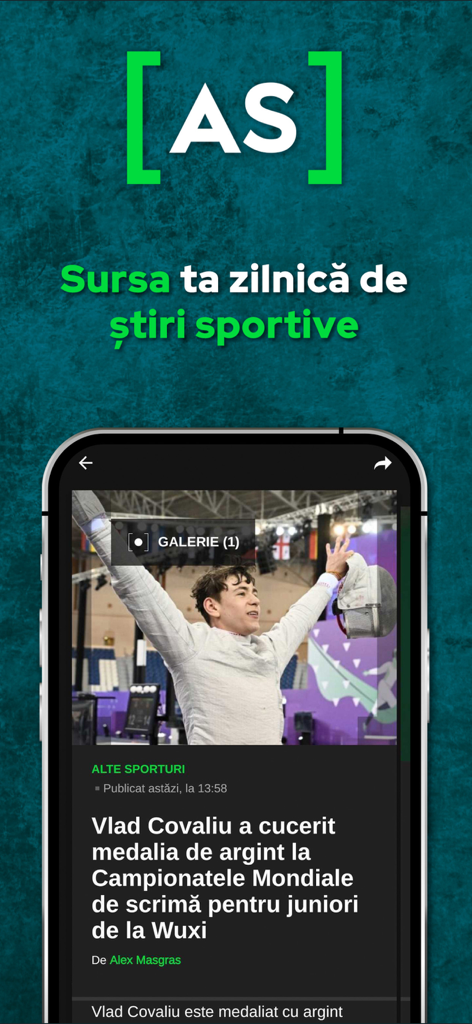AntenaSport - AntenaSport app interface showing a sports news article in Romanian about a fencer