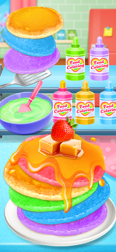 A vibrant stack of multi-colored pancakes topped with syrup butter and a strawberry in a digital cooking game