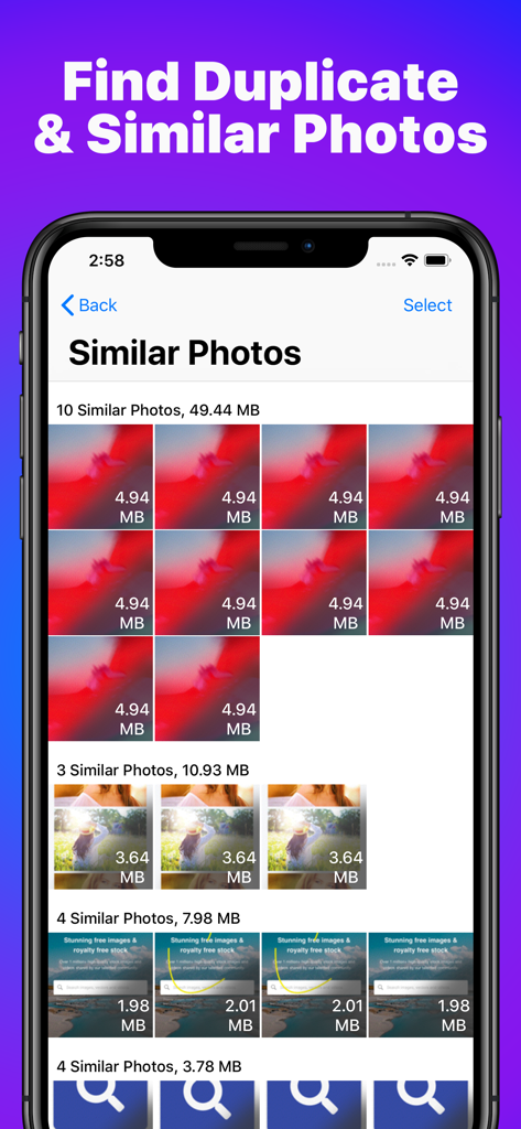 Phone Cleaner for iPhone, iPad - Interfaz de la aplicación Phone Cleaner mostrando grupos de fotos similares para eliminar y obtener espacio de almacenamiento adicional