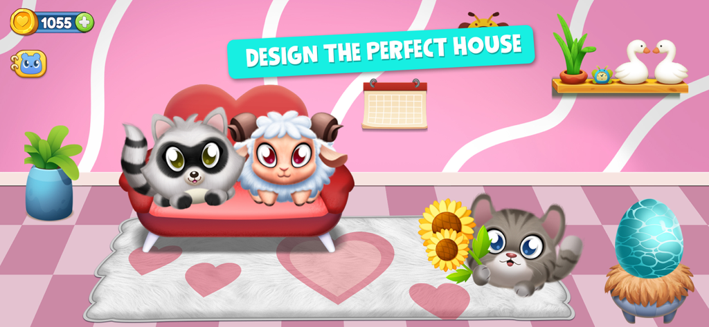 Three cute virtual pets and a mysterious blue egg in a pink decorated living room