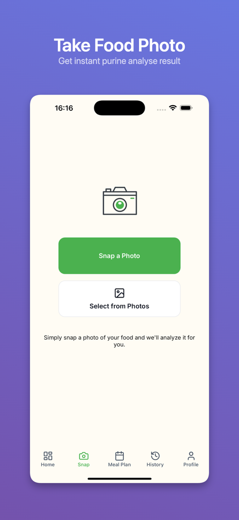 Gout Snap AI app interface for taking food photos to analyze purine levels