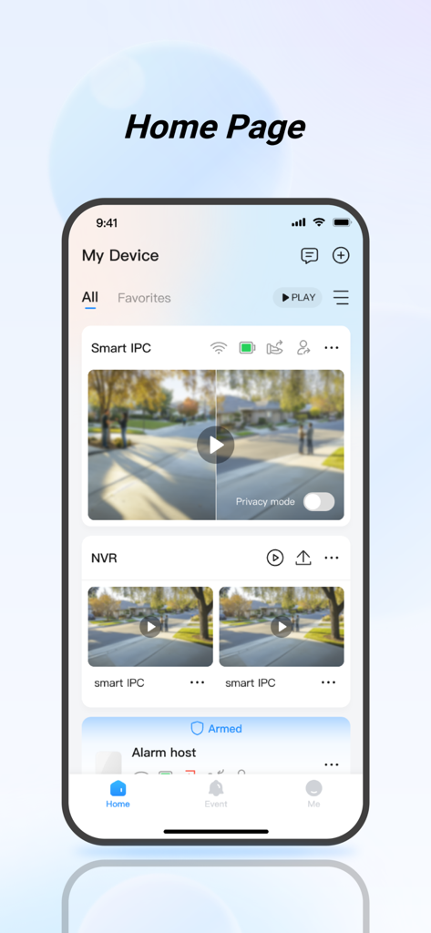 Écran d'accueil de l'application mobile DMSS affichant la gestion des appareils de sécurité et les aperçus en direct des caméras.
