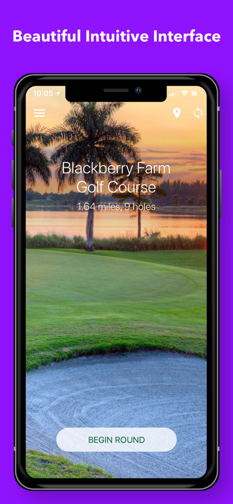 Golf GPS ++ - iPhone screen displaying the intuitive interface of the Golf GPS ++ app with a scenic sunset view of a golf course and a Begin Round button.