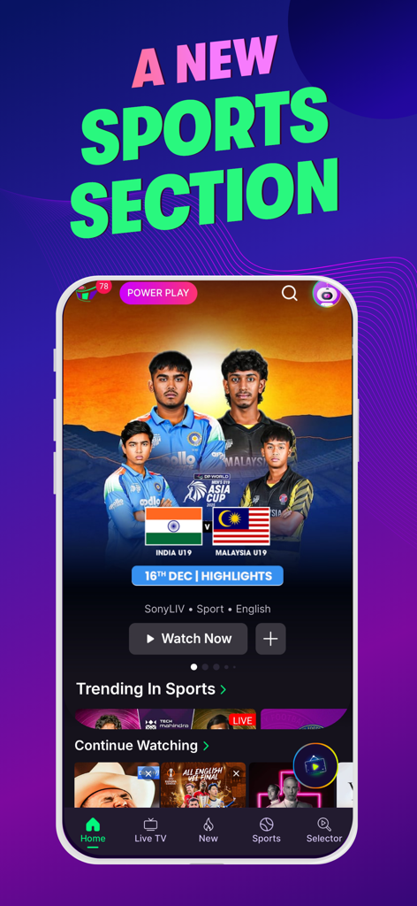 OTTplay App-Oberfläche, die den neuen Sportbereich mit Cricket-Highlights und trendigen Sportinhalten zeigt